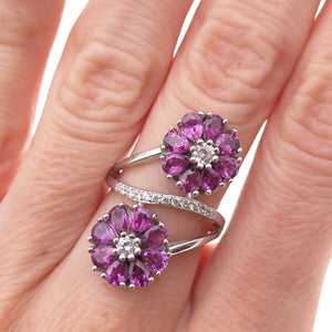 925 Sterling Silver Real Amethyst & White Topaz Floral Bypass Ring Size 6