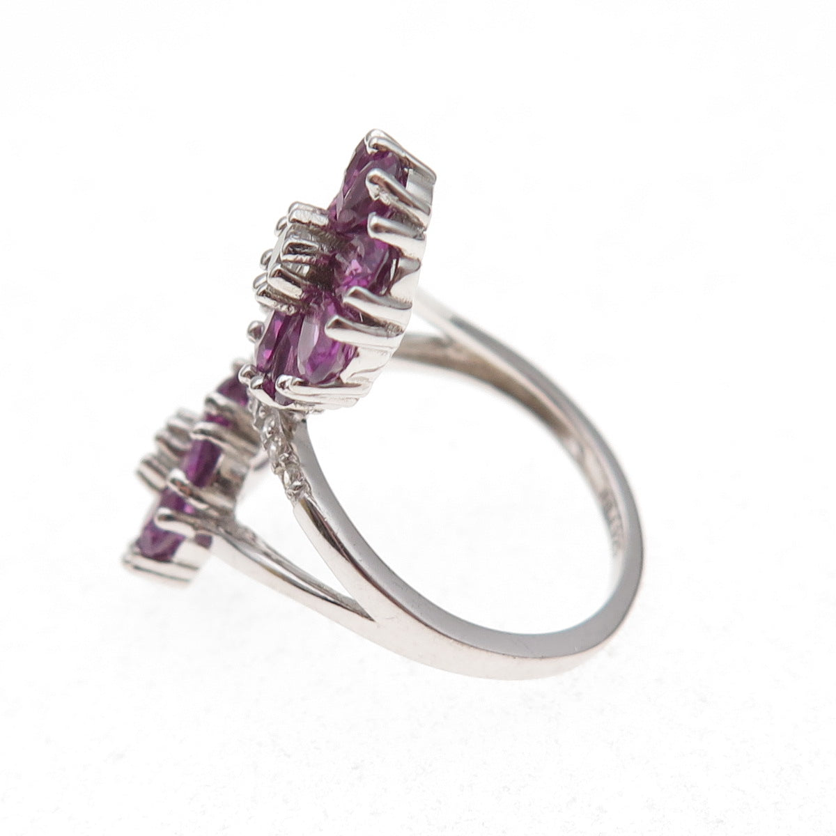 925 Sterling Silver Real Amethyst & White Topaz Floral Bypass Ring Size 6