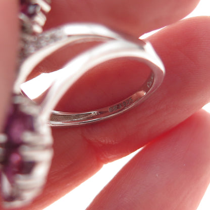 925 Sterling Silver Real Amethyst & White Topaz Floral Bypass Ring Size 6