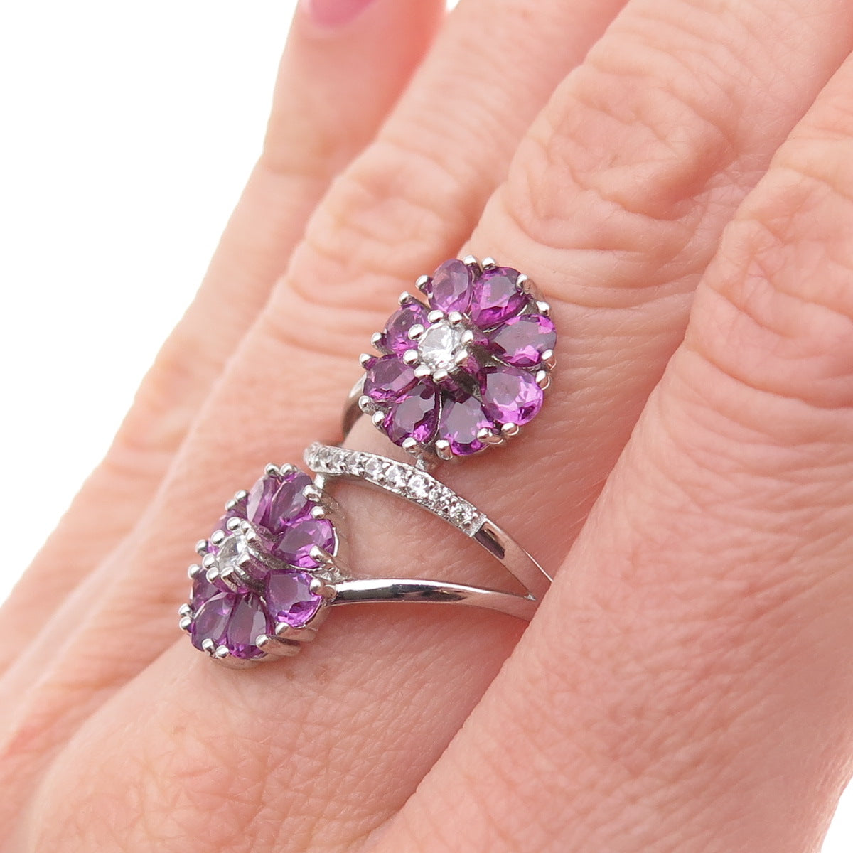 925 Sterling Silver Real Amethyst & White Topaz Floral Bypass Ring Size 6