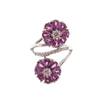 925 Sterling Silver Real Amethyst & White Topaz Floral Bypass Ring Size 6