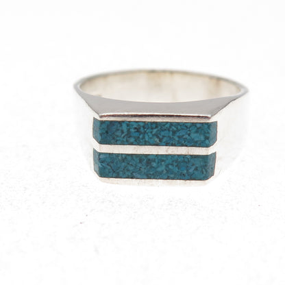 925 Sterling Silver Vintage Mexico Real Turquoise Inlay Ring Size 8.25