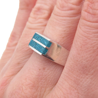 925 Sterling Silver Vintage Mexico Real Turquoise Inlay Ring Size 8.25