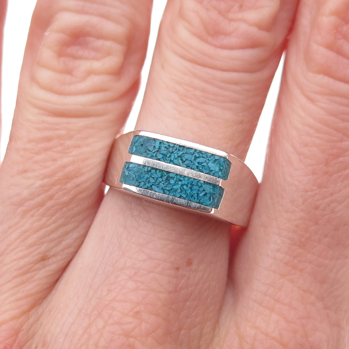 925 Sterling Silver Vintage Mexico Real Turquoise Inlay Ring Size 8.25