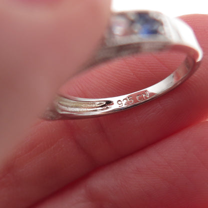 925 Sterling Silver Real Round-Cut Sapphire & White Topaz Band Ring Size 5.5