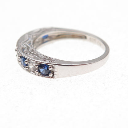 925 Sterling Silver Real Round-Cut Sapphire & White Topaz Band Ring Size 5.5