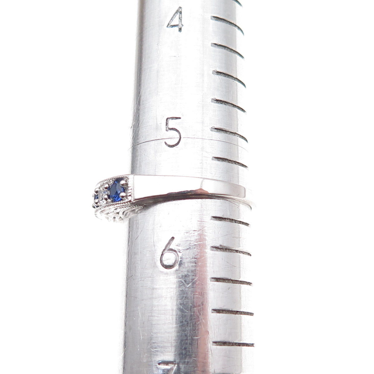 925 Sterling Silver Real Round-Cut Sapphire & White Topaz Band Ring Size 5.5