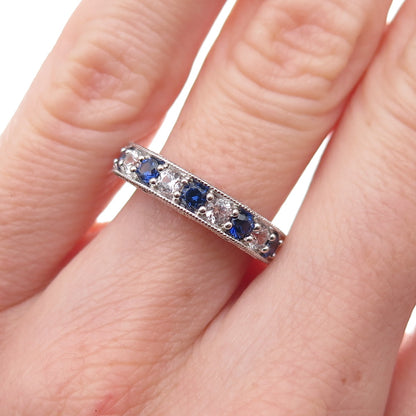 925 Sterling Silver Real Round-Cut Sapphire & White Topaz Band Ring Size 5.5
