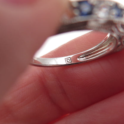 925 Sterling Silver Real Round-Cut Sapphire & White Topaz Band Ring Size 5.5