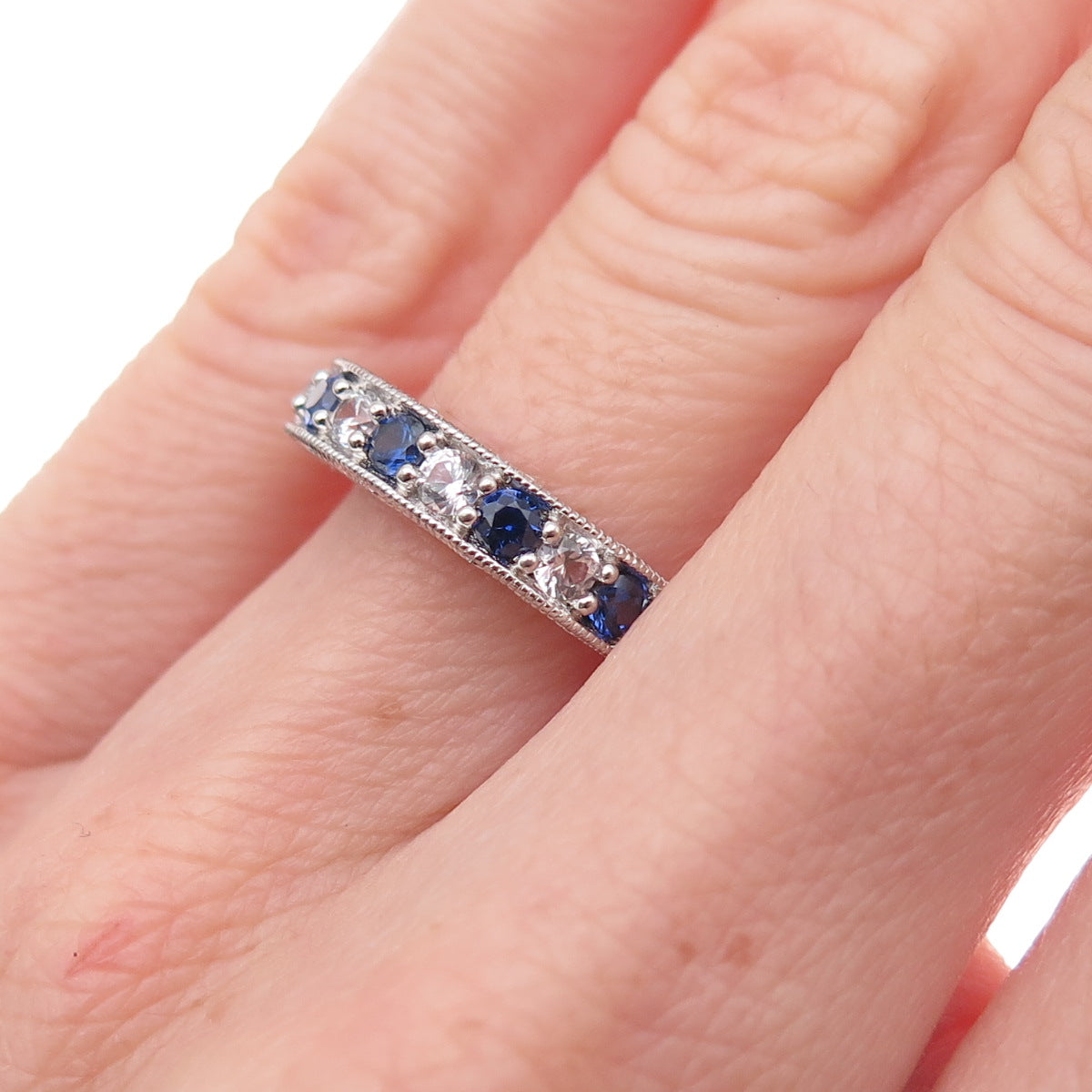 925 Sterling Silver Real Round-Cut Sapphire & White Topaz Band Ring Size 5.5