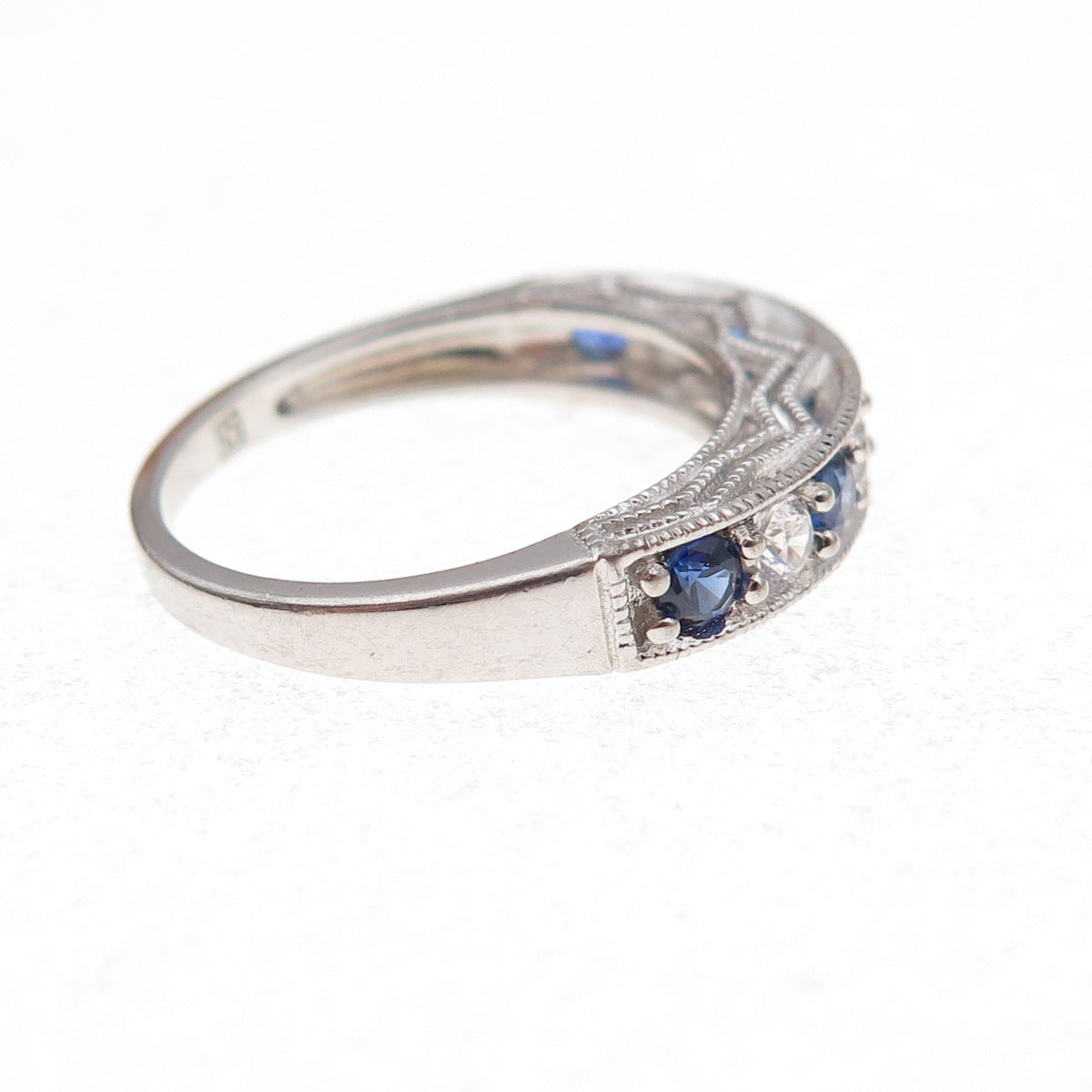 925 Sterling Silver Real Round-Cut Sapphire & White Topaz Band Ring Size 5.5