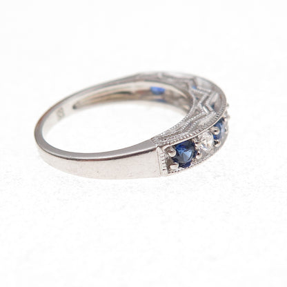 925 Sterling Silver Real Round-Cut Sapphire & White Topaz Band Ring Size 5.5