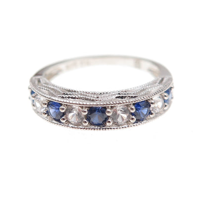 925 Sterling Silver Real Round-Cut Sapphire & White Topaz Band Ring Size 5.5