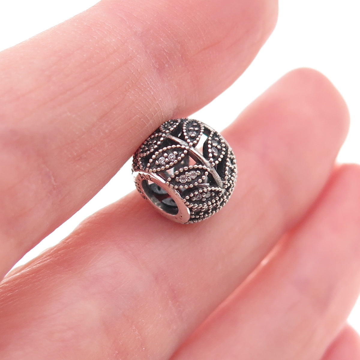 Pandora 925 Sterling Silver C Z Sparkling Leaves Slide Bead Charm