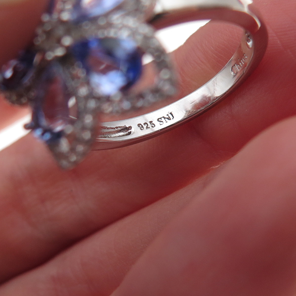 925 Sterling Silver Real Tanzanite & White Topaz Floral Ring Size 8.25