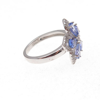 925 Sterling Silver Real Tanzanite & White Topaz Floral Ring Size 8.25