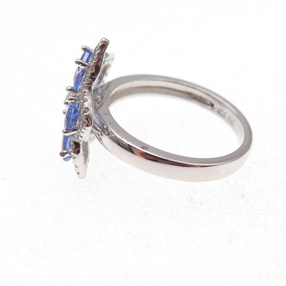 925 Sterling Silver Real Tanzanite & White Topaz Floral Ring Size 8.25