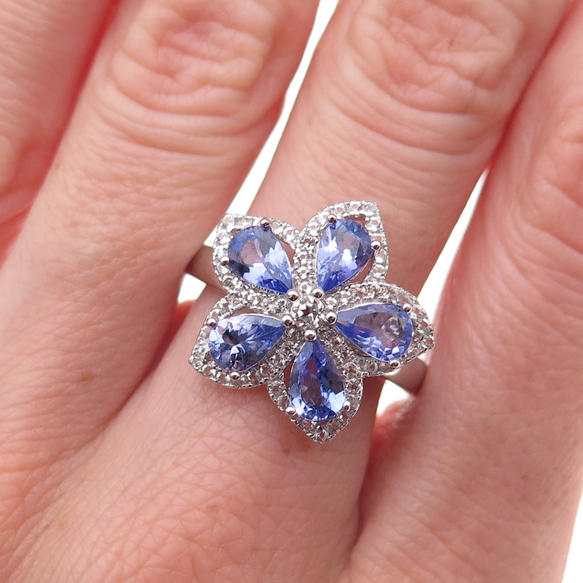 925 Sterling Silver Real Tanzanite & White Topaz Floral Ring Size 8.25