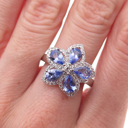 925 Sterling Silver Real Tanzanite & White Topaz Floral Ring Size 8.25