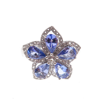 925 Sterling Silver Real Tanzanite & White Topaz Floral Ring Size 8.25