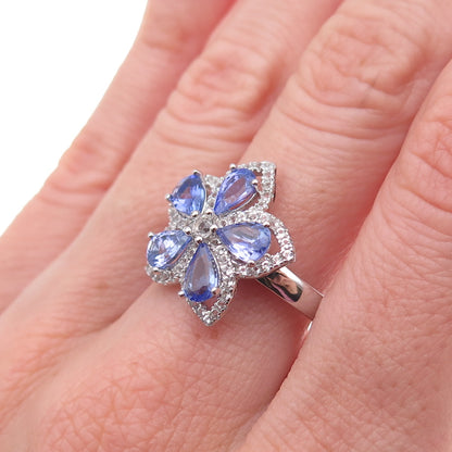 925 Sterling Silver Real Tanzanite & White Topaz Floral Ring Size 8.25