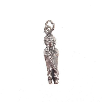 925 Sterling Silver Antique Art Deco Indian Chief Oxidized 3D Charm Pendant
