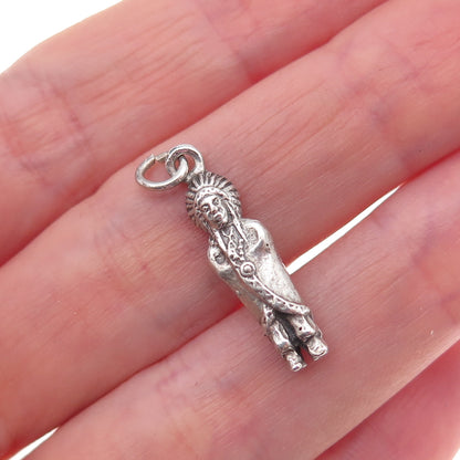 925 Sterling Silver Antique Art Deco Indian Chief Oxidized 3D Charm Pendant