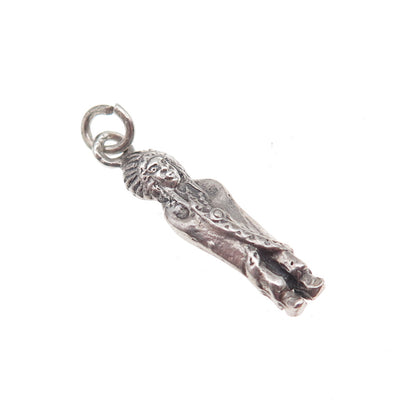 925 Sterling Silver Antique Art Deco Indian Chief Oxidized 3D Charm Pendant