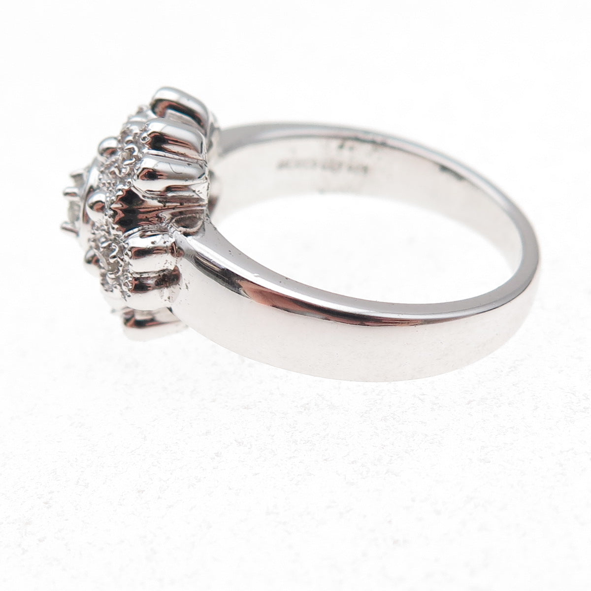 925 Sterling Silver Mexico Real Round-Cut Diamond Floral Ring Size 7