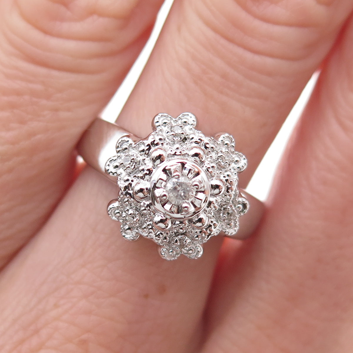 925 Sterling Silver Mexico Real Round-Cut Diamond Floral Ring Size 7