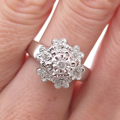 925 Sterling Silver Mexico Real Round-Cut Diamond Floral Ring Size 7