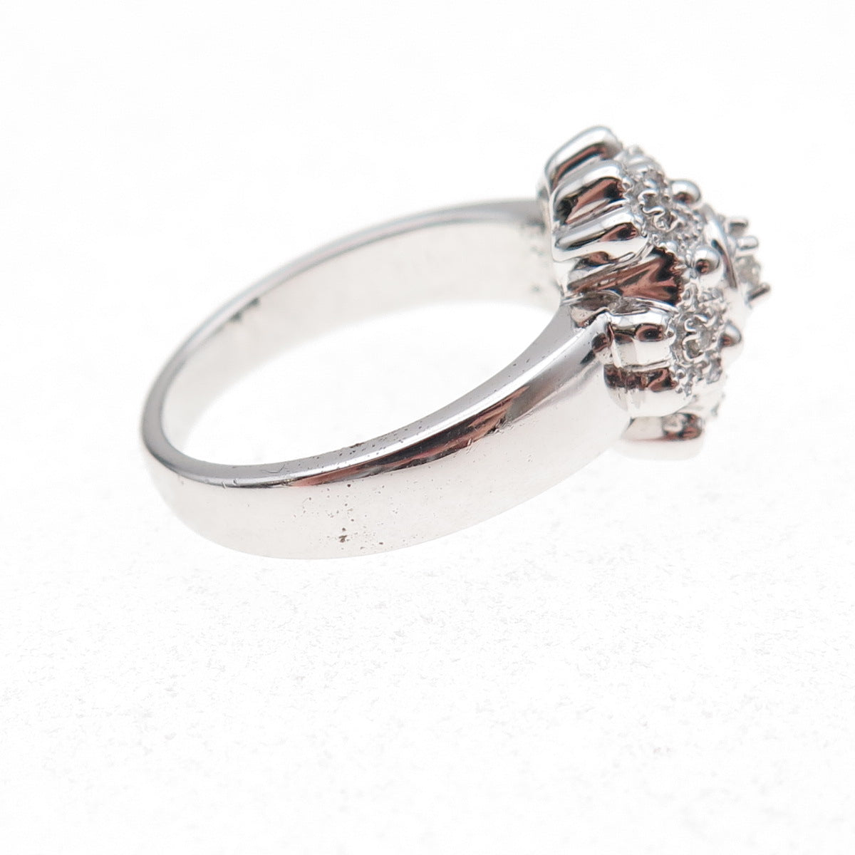 925 Sterling Silver Mexico Real Round-Cut Diamond Floral Ring Size 7
