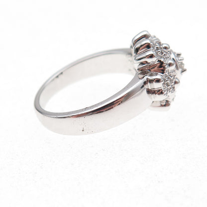 925 Sterling Silver Mexico Real Round-Cut Diamond Floral Ring Size 7