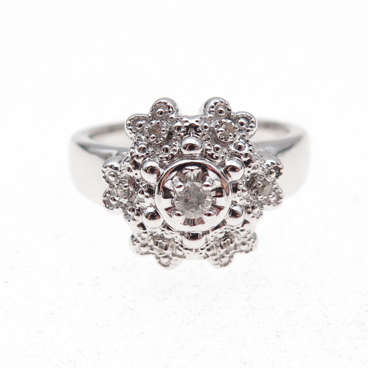 925 Sterling Silver Mexico Real Round-Cut Diamond Floral Ring Size 7