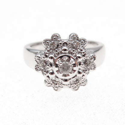 925 Sterling Silver Mexico Real Round-Cut Diamond Floral Ring Size 7