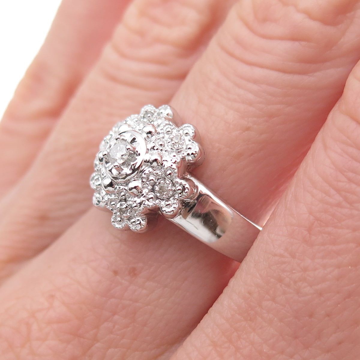 925 Sterling Silver Mexico Real Round-Cut Diamond Floral Ring Size 7