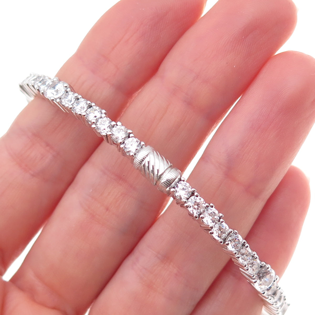 925 Sterling Silver Round-Cut C Z Tennis Link Bangle Bracelet 8"