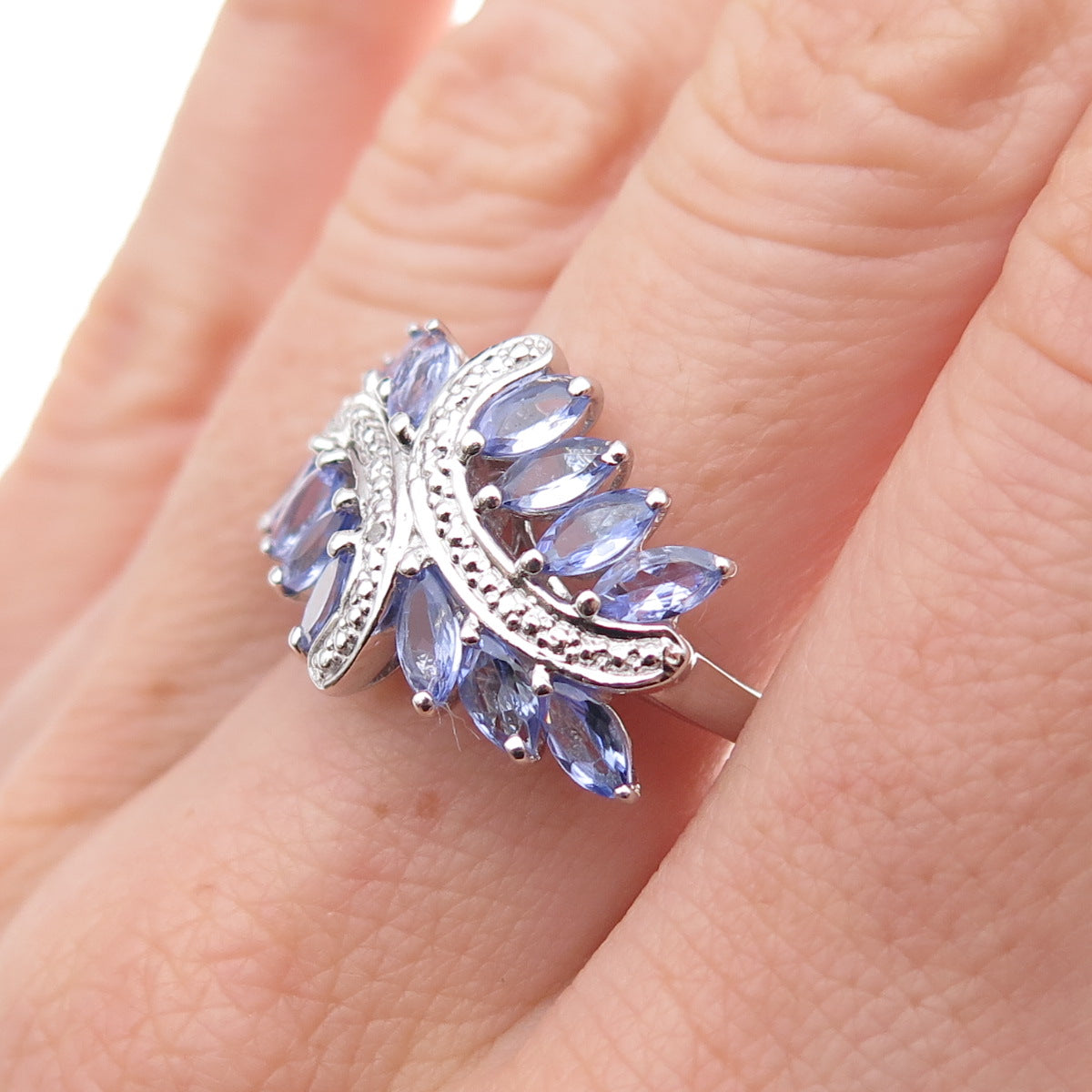 Chuck Clemency 925 Sterling Silver Real Diamond & Tanzanite Bypass Ring Size 8