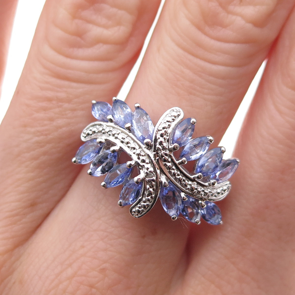Chuck Clemency 925 Sterling Silver Real Diamond & Tanzanite Bypass Ring Size 8