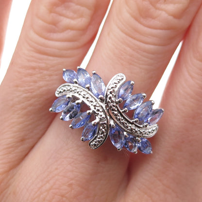 Chuck Clemency 925 Sterling Silver Real Diamond & Tanzanite Bypass Ring Size 8