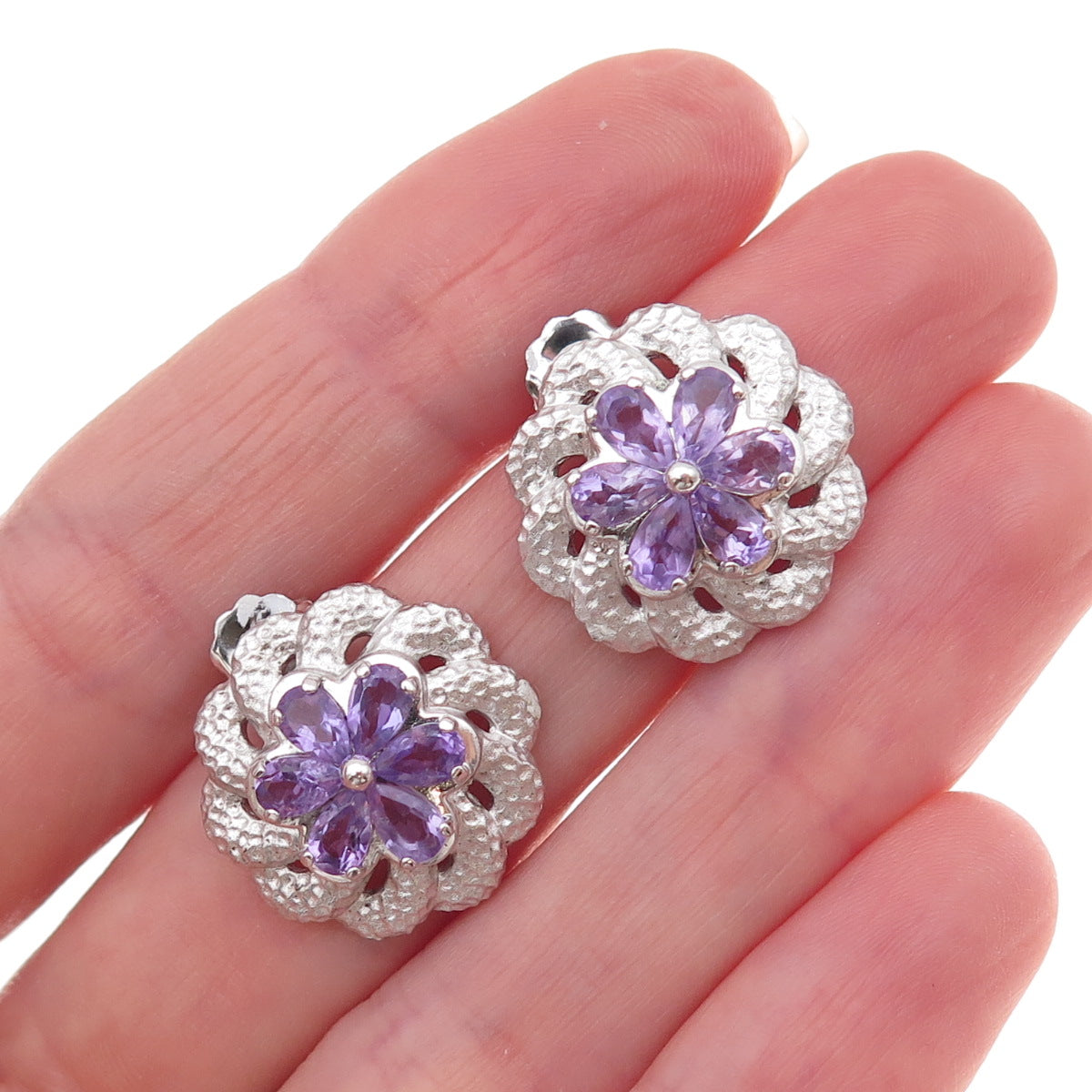 Atelier 925 Sterling Silver Mexico Real Amethyst Floral Earrings