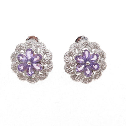 Atelier 925 Sterling Silver Mexico Real Amethyst Floral Earrings