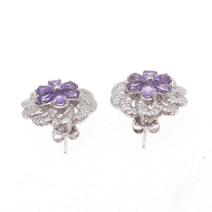 Atelier 925 Sterling Silver Mexico Real Amethyst Floral Earrings