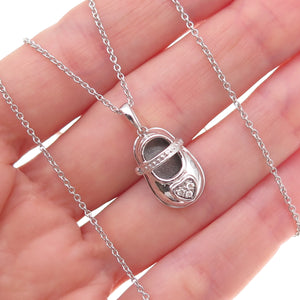 925 Sterling Silver Real Diamond Heart Baby Shoe Cable Chain Necklace 18"