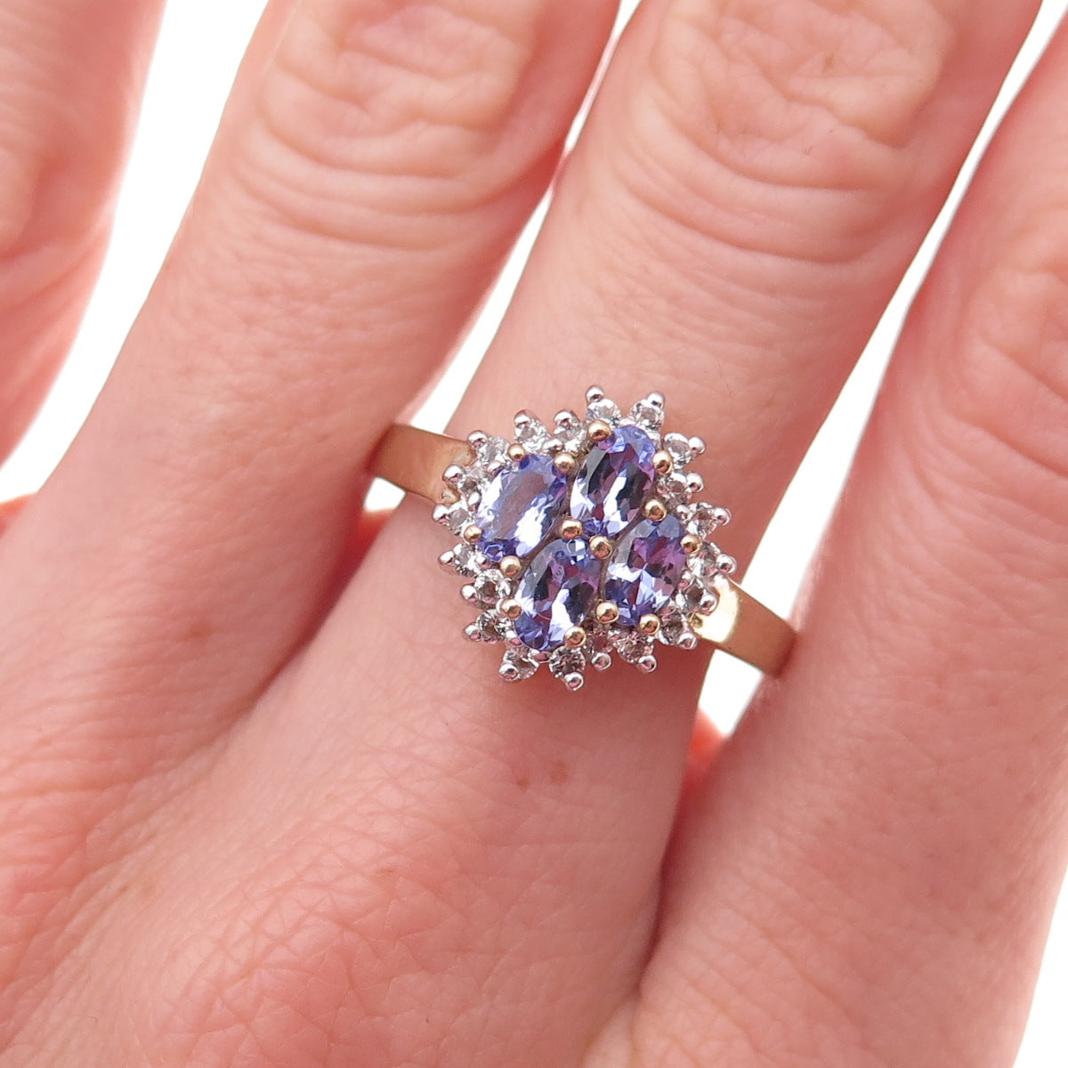 925 Sterling Silver Gold Plated Real Tanzanite & White Topaz Ring Size 8