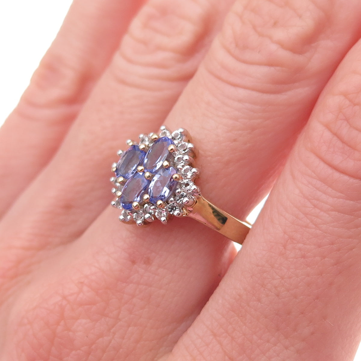 925 Sterling Silver Gold Plated Real Tanzanite & White Topaz Ring Size 8