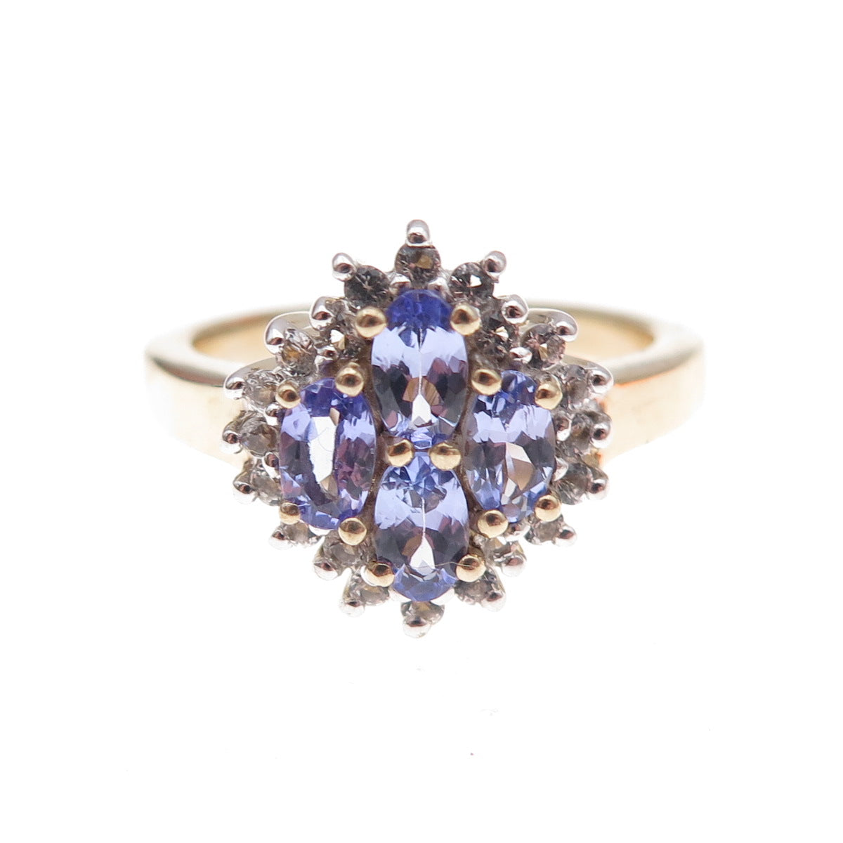 925 Sterling Silver Gold Plated Real Tanzanite & White Topaz Ring Size 8