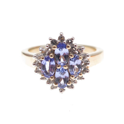 925 Sterling Silver Gold Plated Real Tanzanite & White Topaz Ring Size 8
