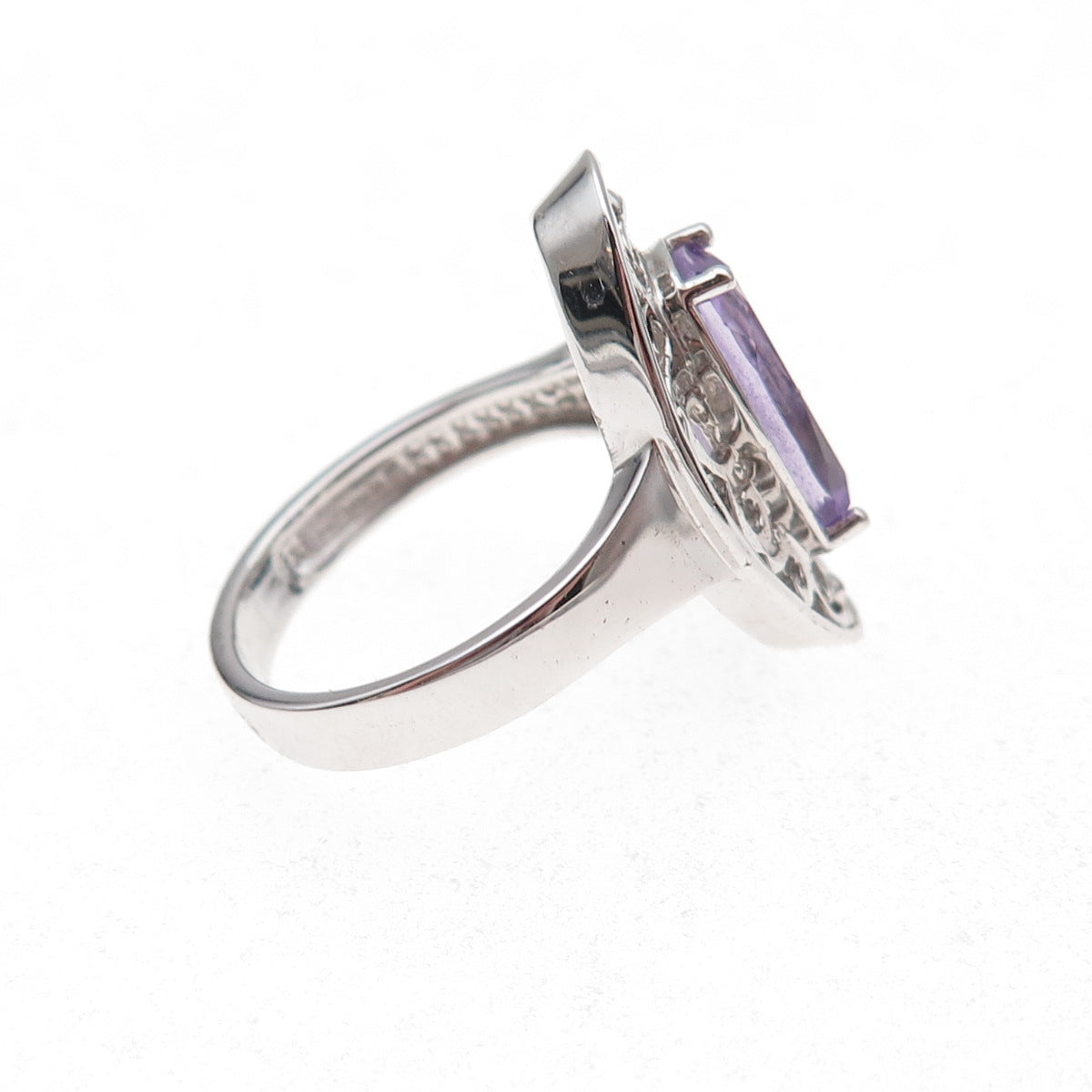 925 Sterling Silver Mexico Real Amethyst Floral Scroll Ring Size 7.25
