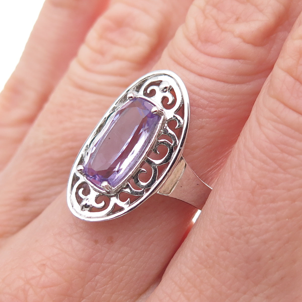 925 Sterling Silver Mexico Real Amethyst Floral Scroll Ring Size 7.25